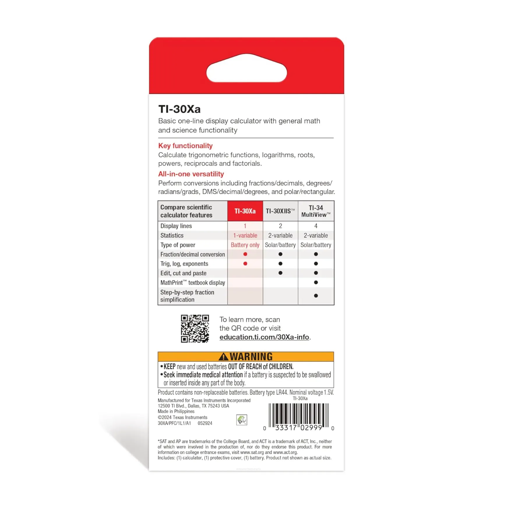 Back packaging of TI-30Xa scientific calculator highlighting key functions, Underwood Distributing Co.