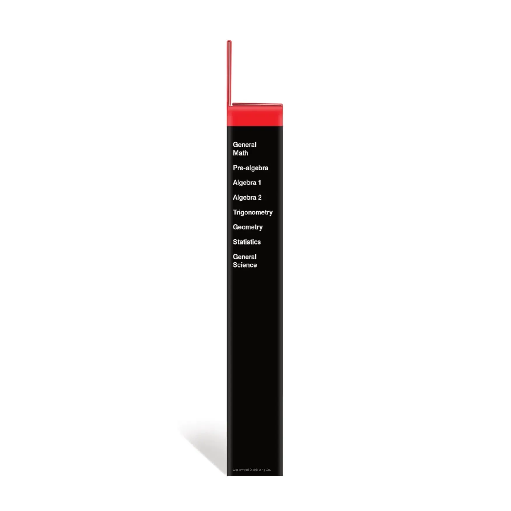 Side view of boxed Texas Instruments calculator with math subjects listed, from Underwood Distributing Co.