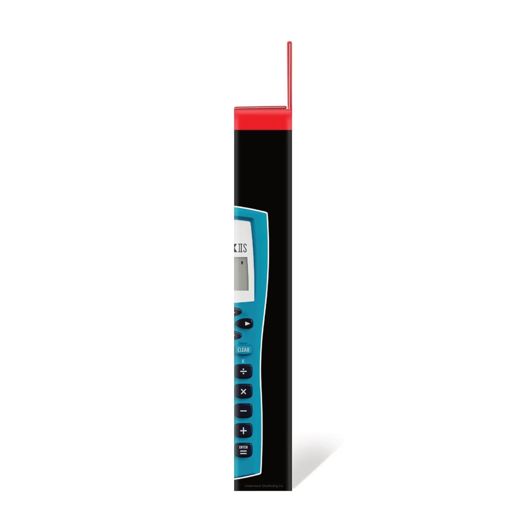Side view of blue TI-30XIIS scientific calculator with red case from Underwood Distributing
