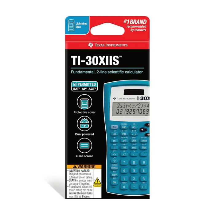 Texas Instruments TI-30XIIS blue scientific calculator in retail packaging, sold by Underwood Distributing Co.