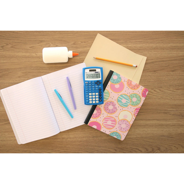Texas Instruments TI-30XIIS blue calculator with notebooks, pens, glue, and pencil on desk