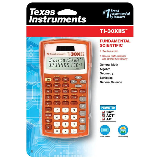 Texas Instruments TI-30XIIS orange scientific calculator in retail packaging from Underwood Distributing Co.
