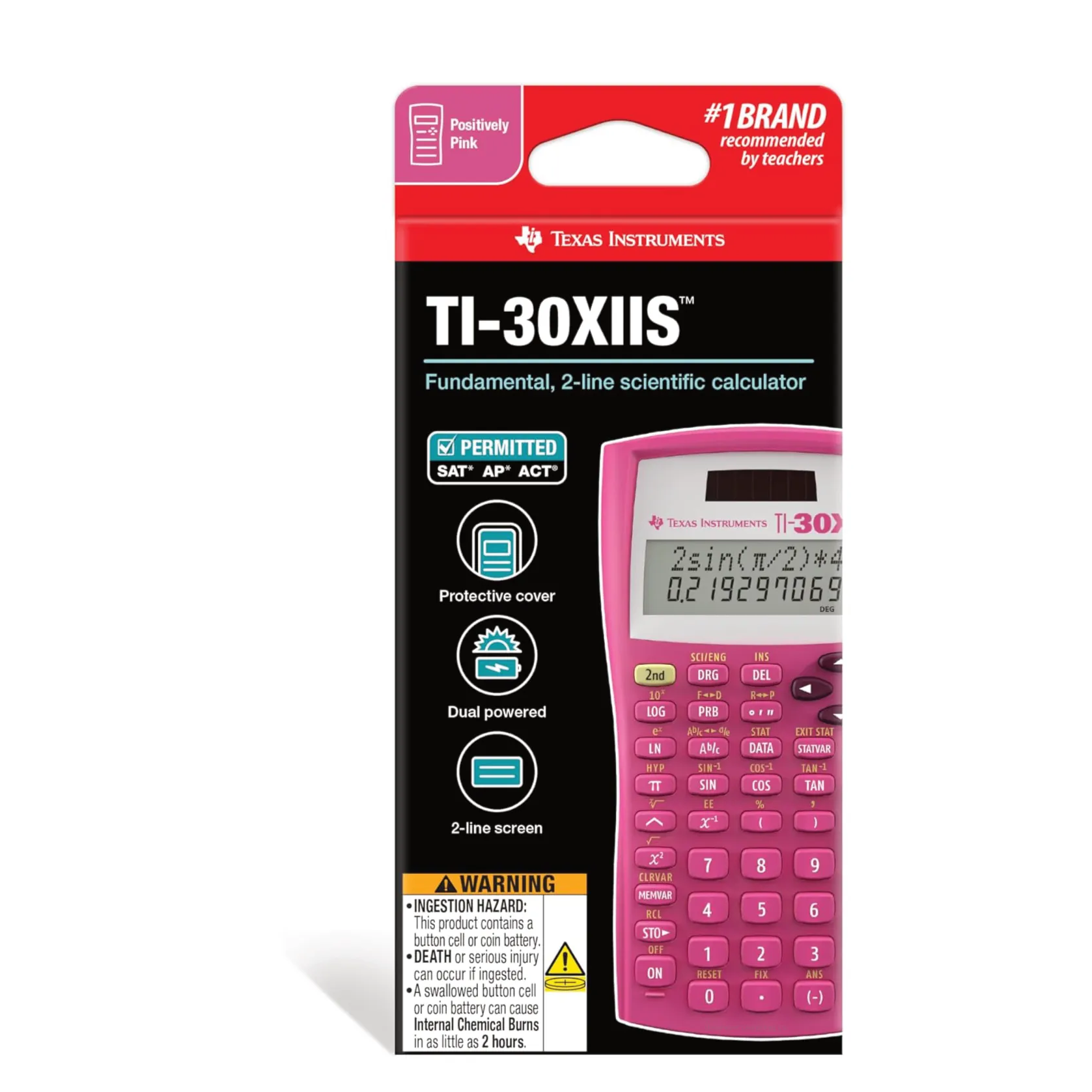 Texas Instruments TI-30XIIS pink scientific calculator in retail packaging, sold by Underwood Distributing Co.