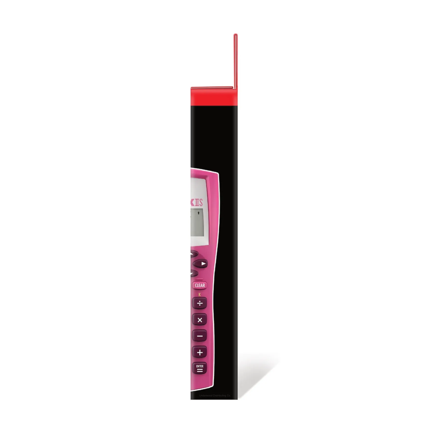 Side view of a pink TI-30XIIS scientific calculator in box from Underwood Distributing Co.