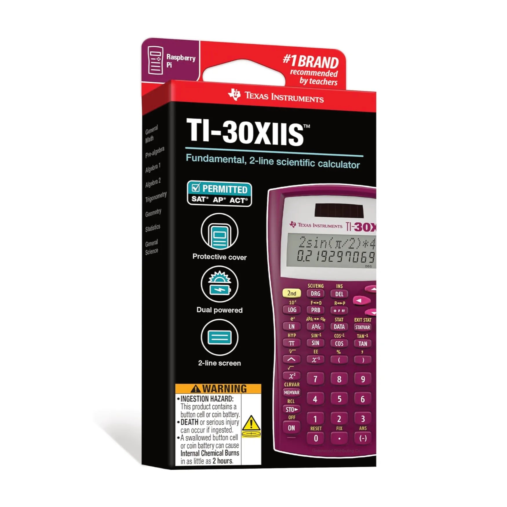 Texas Instruments TI-30XIIS raspberry scientific calculator in retail packaging from Underwood Distributing Co.
