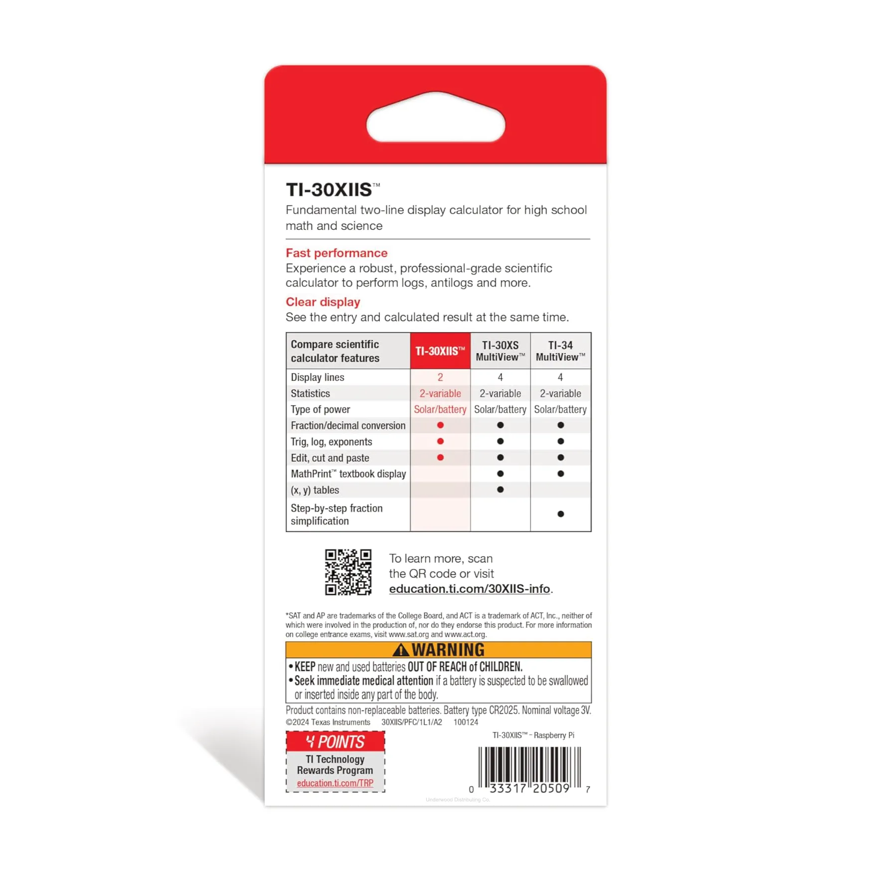 Back packaging of TI-30XIIS scientific calculator, features chart, Underwood Distributing Co.