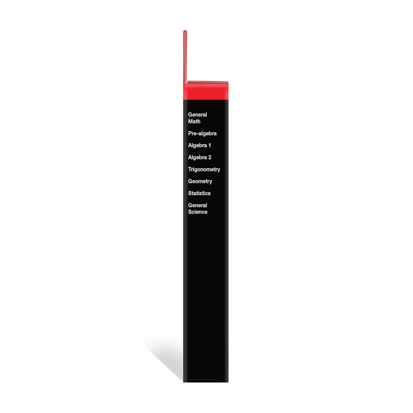 Side view of TI-30XIIS calculator packaging listing math subjects, Underwood Distributing Co.