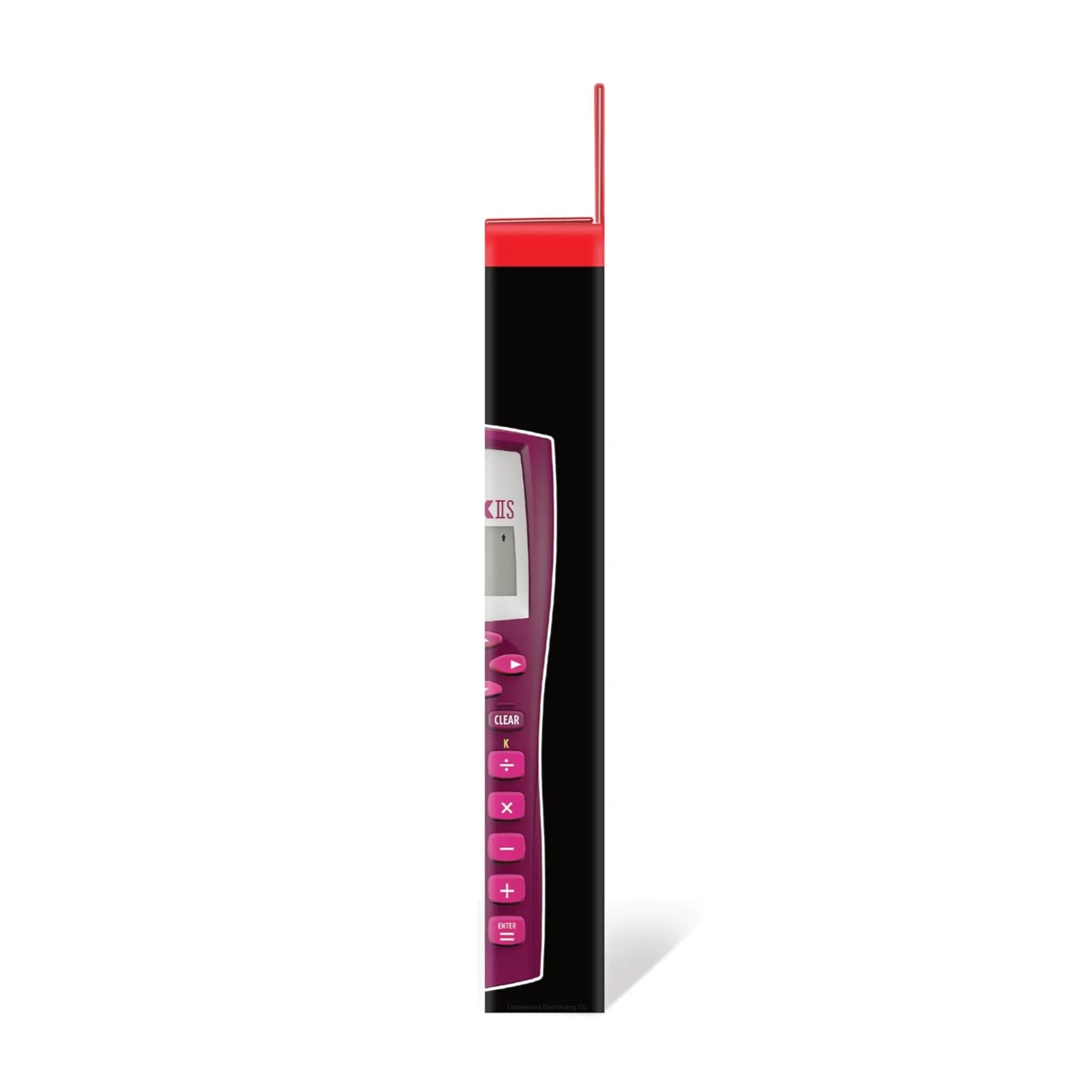 Side view of TI-30XIIS scientific calculator in pink packaging, Underwood Distributing Co.
