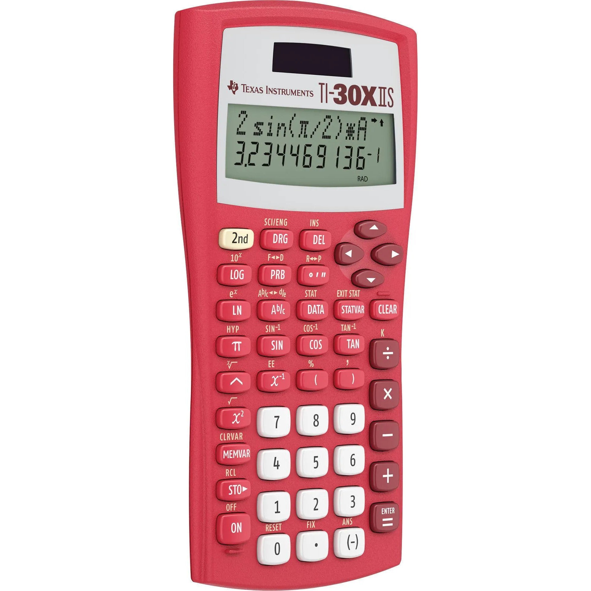 Red Texas Instruments TI-30XIIS scientific calculator, available at Underwood Distributing Co.