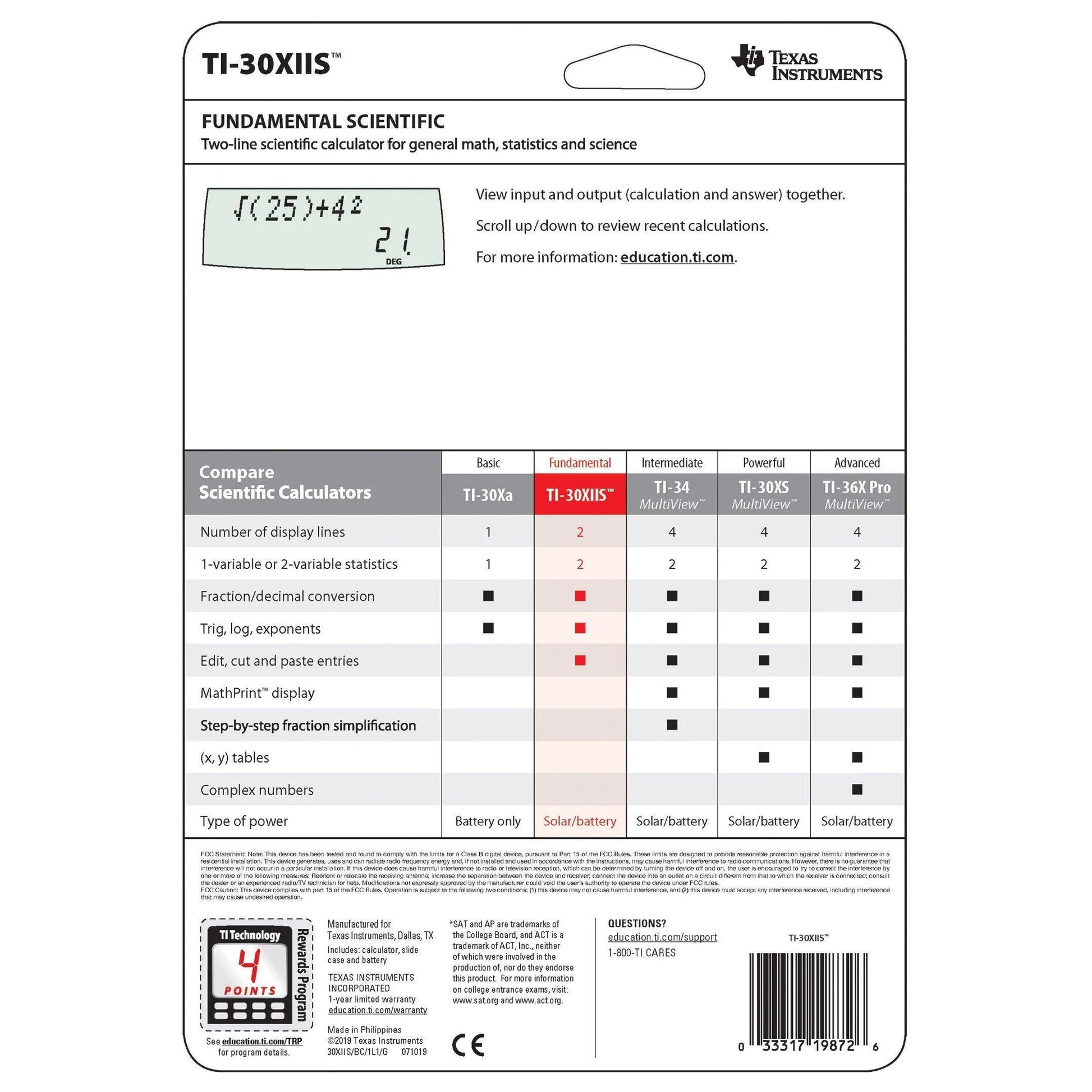 Back packaging of Texas Instruments TI-30XIIS scientific calculator, feature comparison chart, Underwood Distributing Co.