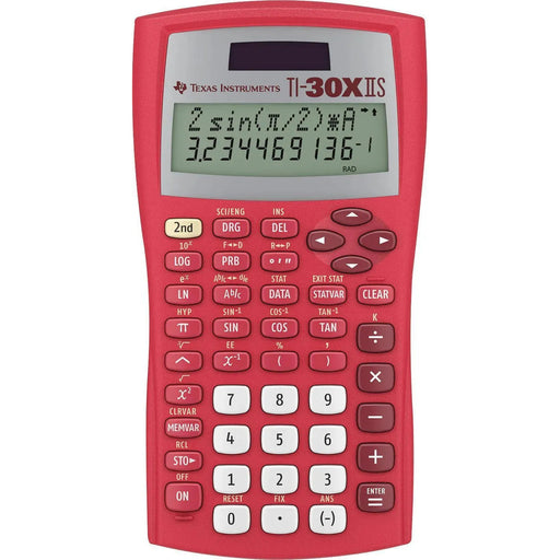 Red Texas Instruments TI-30XIIS scientific calculator with display on, sold by Underwood Distributing Co.