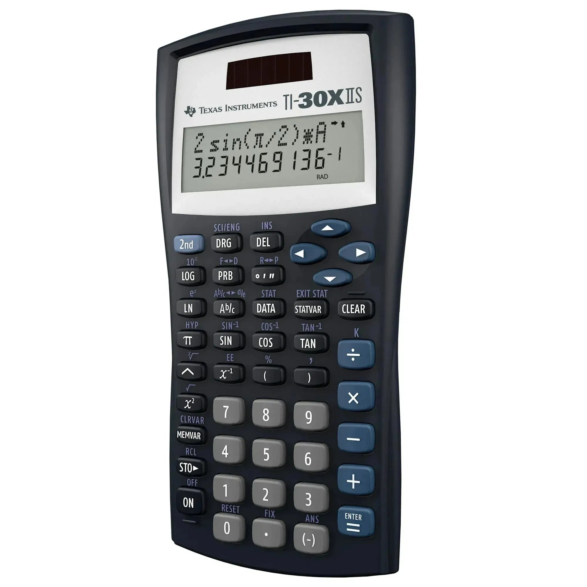 Texas Instruments TI-30XIIS scientific calculator, Underwood Distributing Co, black, front view