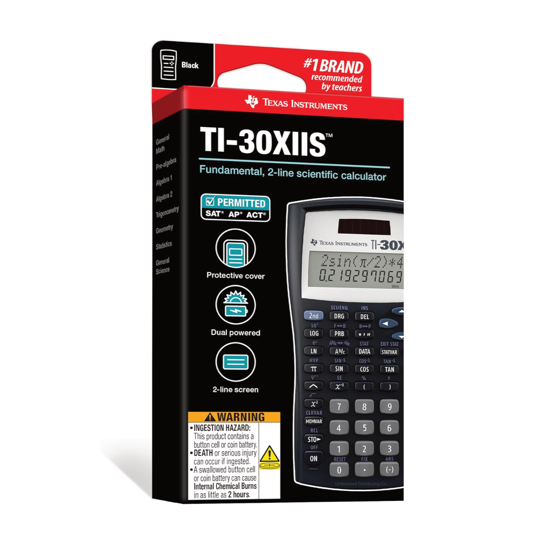Texas Instruments TI-30XIIS scientific calculator retail packaging, sold by Underwood Distributing Co.