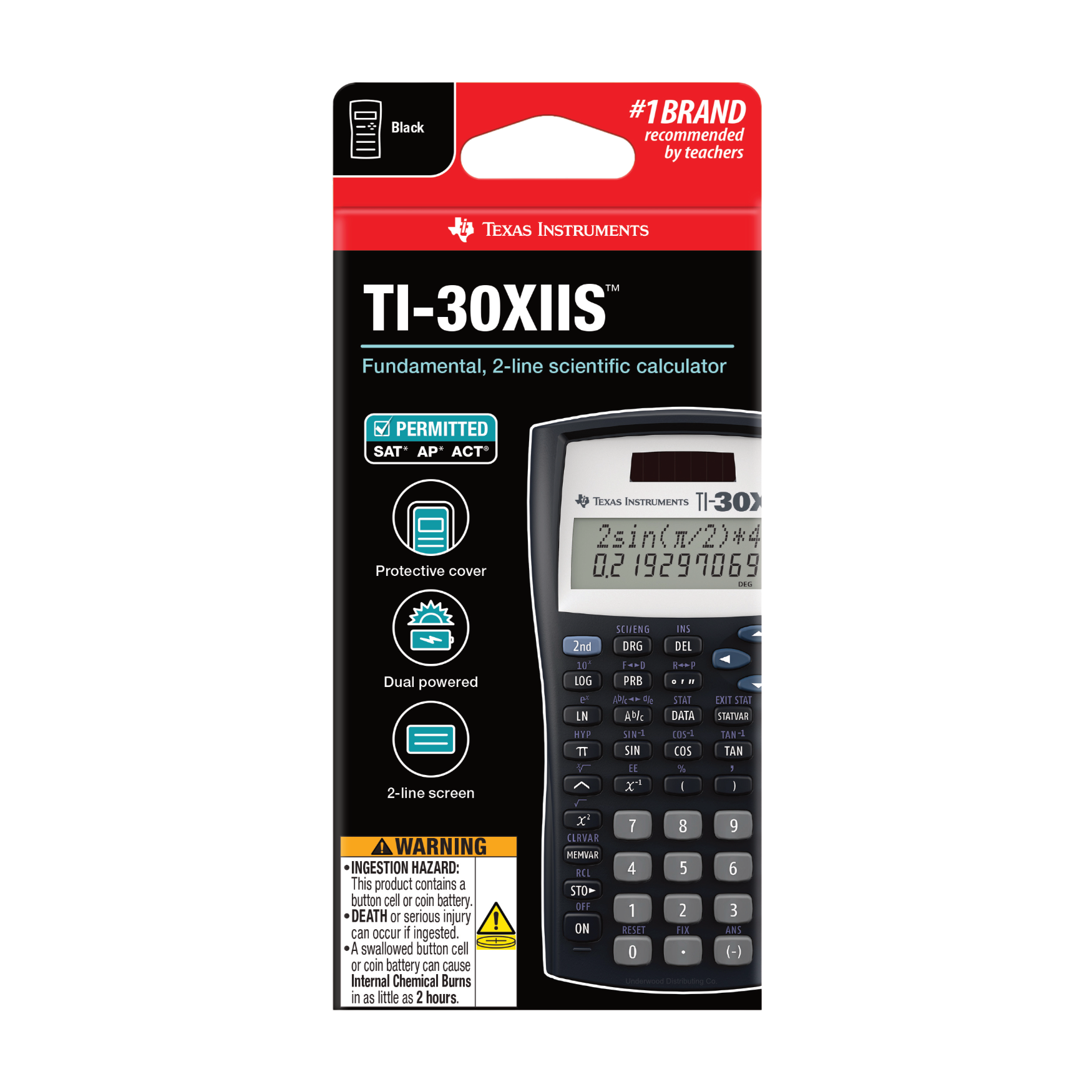 Texas Instruments TI-30XIIS scientific calculator in retail packaging, sold by Underwood Distributing Co.