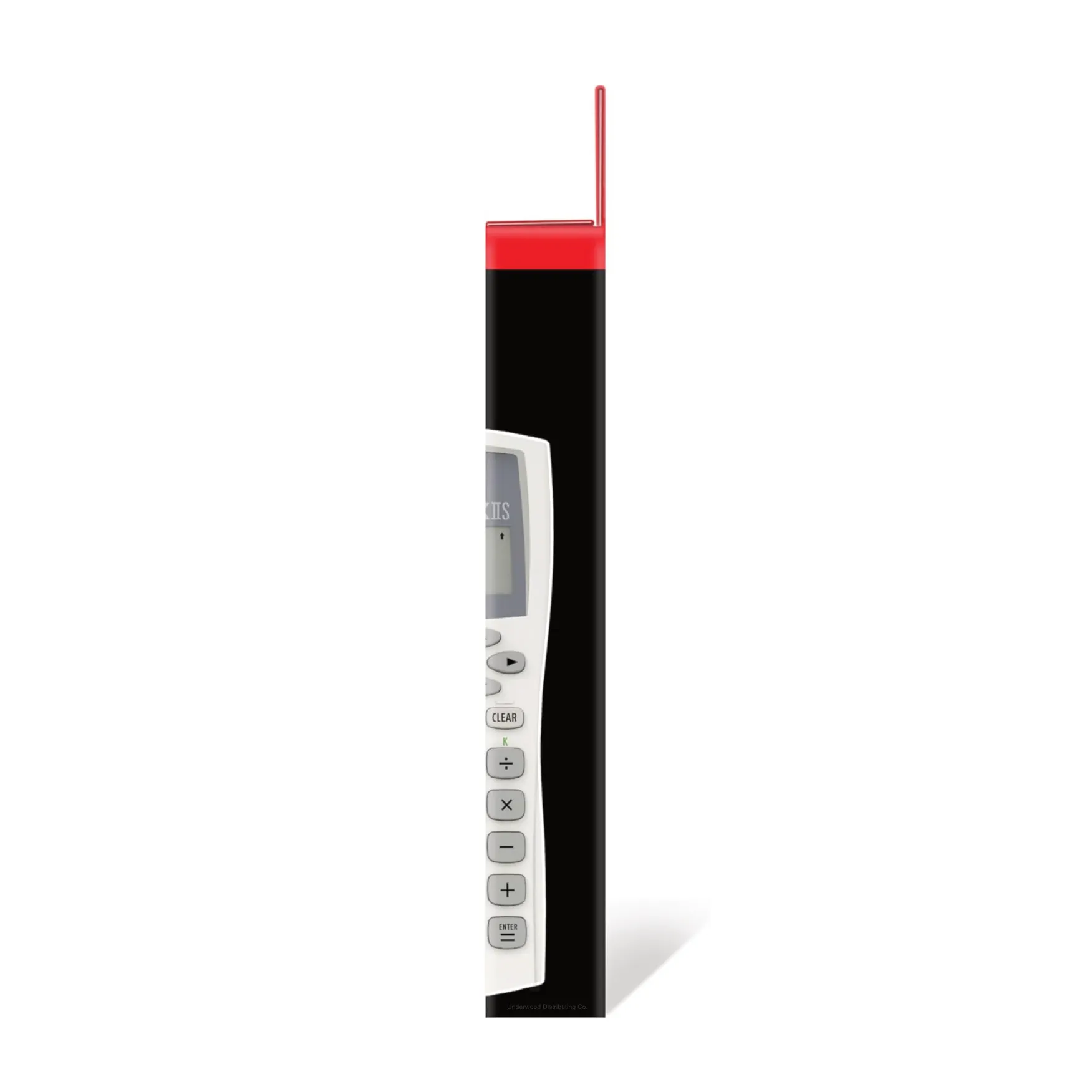 Side view of white TI-30XIIS scientific calculator in packaging, Underwood Distributing Co.