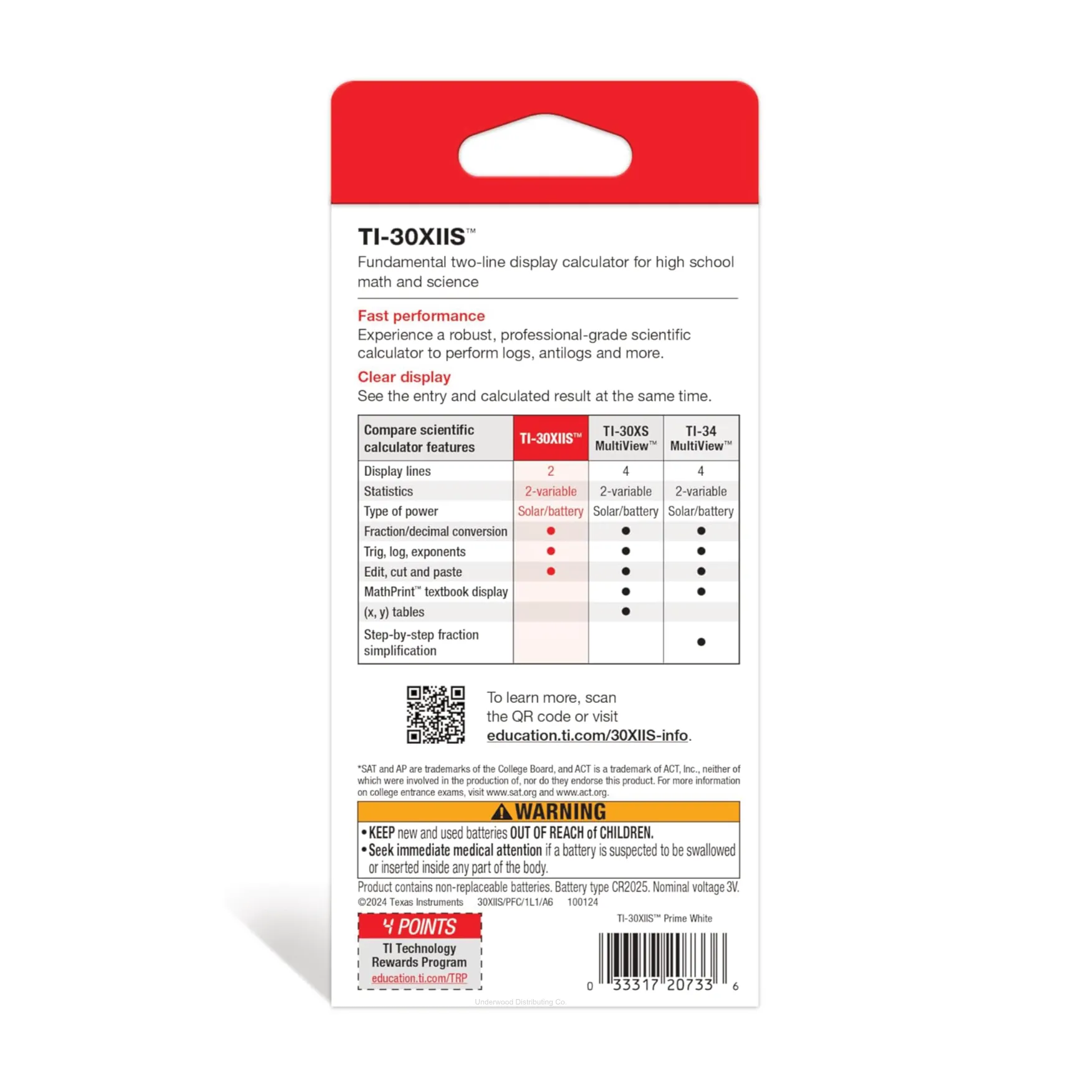 Back packaging of Texas Instruments TI-30XIIS scientific calculator, feature comparison chart, Underwood Distributing Co.