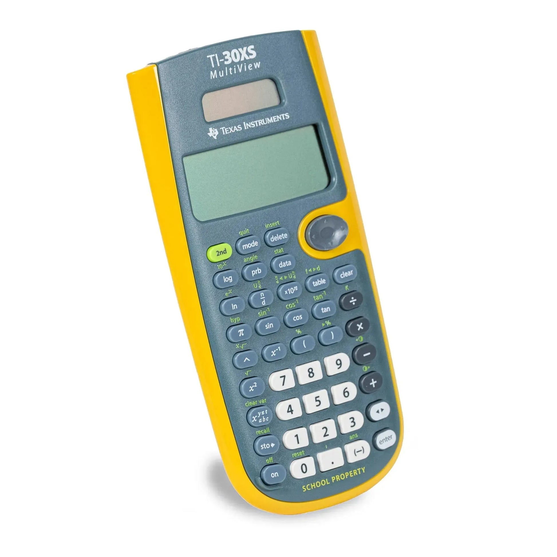Texas Instruments TI-30XS MultiView scientific calculator with yellow case, school property label