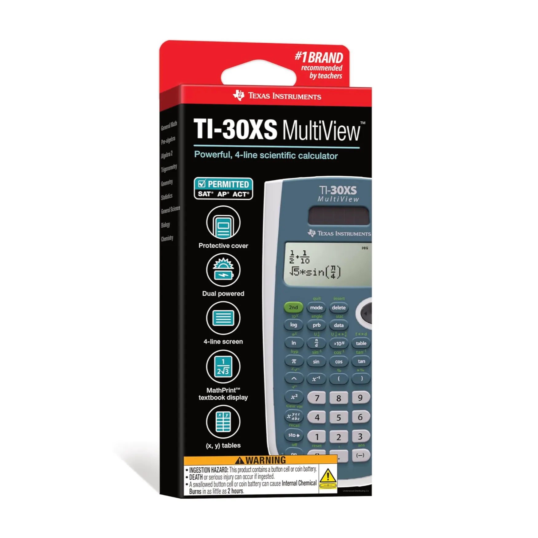 Texas Instruments TI-30XS MultiView scientific calculator in retail packaging, sold by Underwood Distributing Co.
