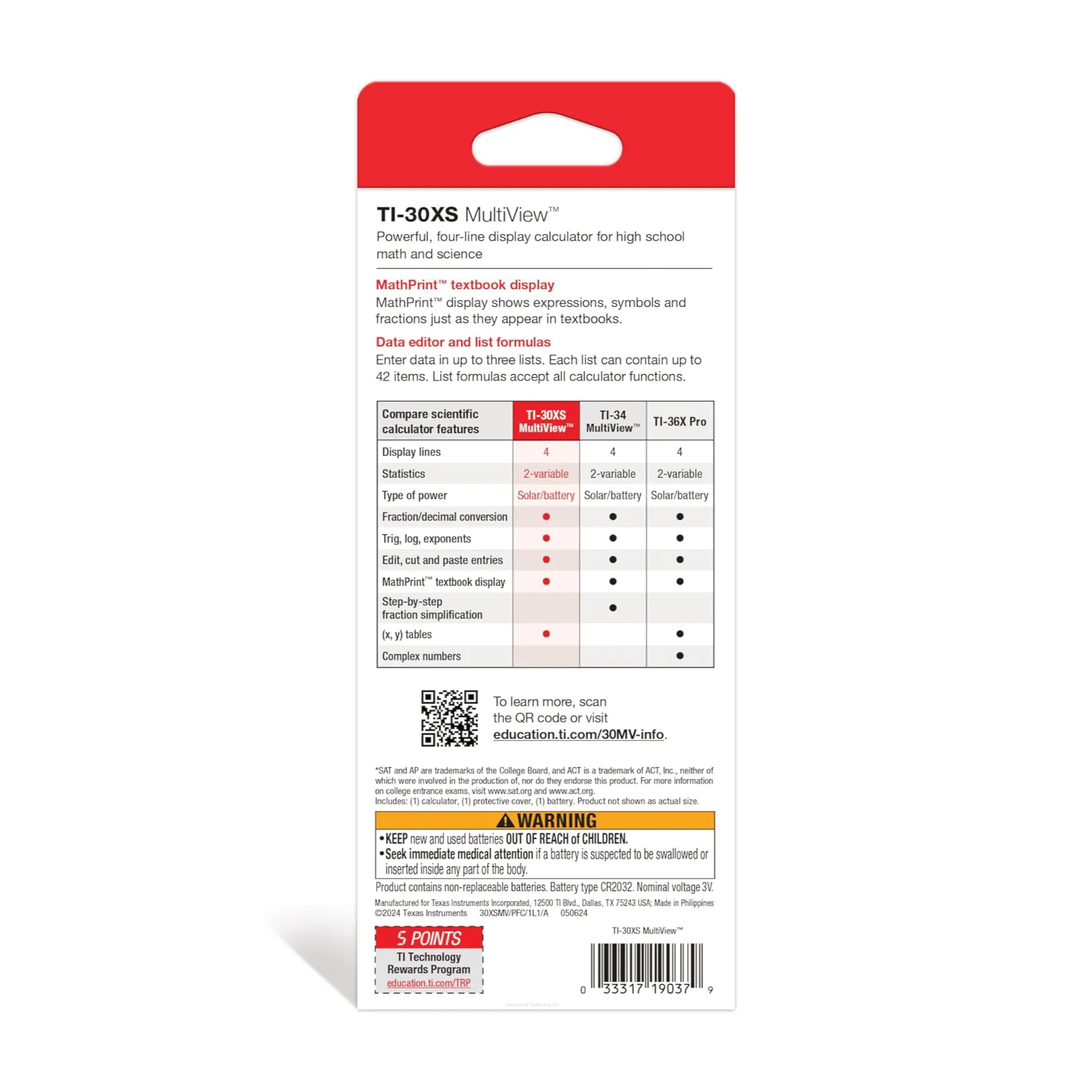 Back packaging of TI-30XS MultiView scientific calculator showing features comparison and QR code, sold by Underwood Distributing Co.