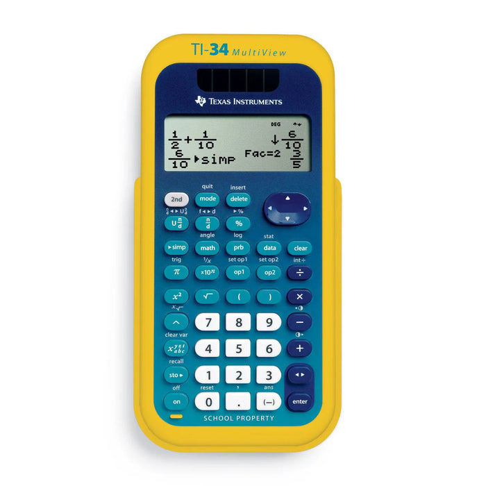 Texas Instruments TI-34 MultiView scientific calculator with yellow case, sold by Underwood Distributing Co.