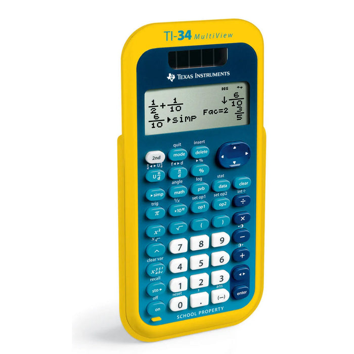 Texas Instruments TI-34 MultiView scientific calculator in yellow school property case