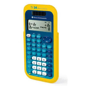 Texas Instruments TI-34 MultiView scientific calculator in yellow and blue bulk packaging