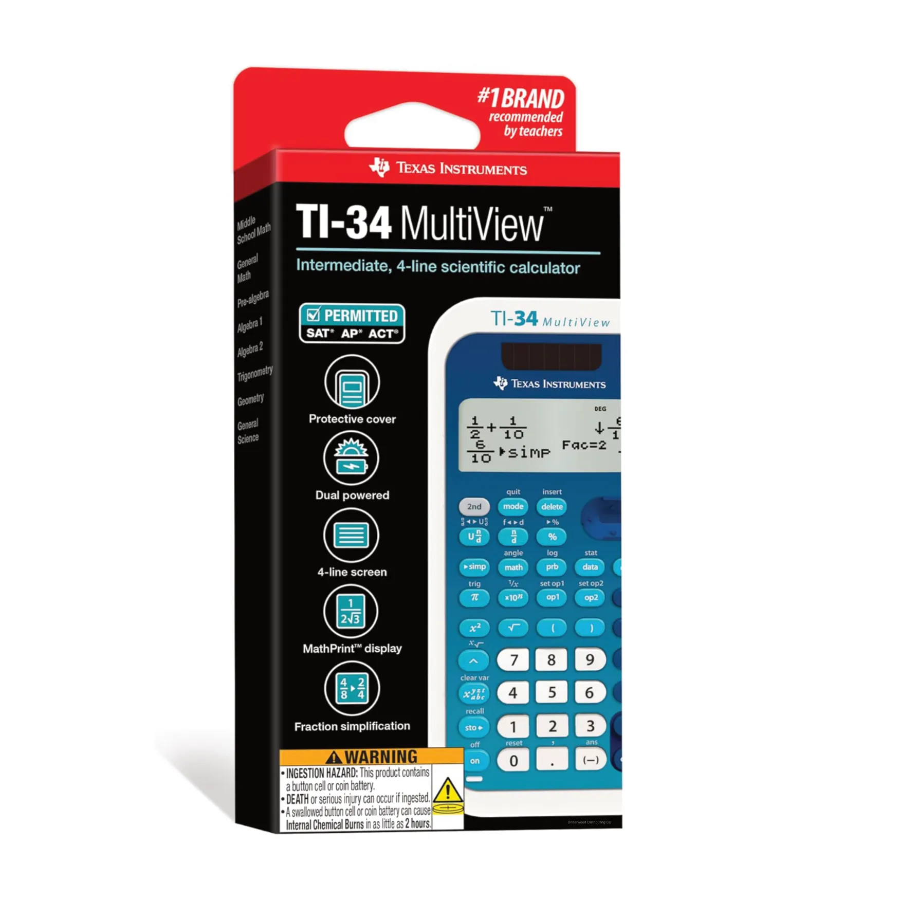 Texas Instruments TI-34 MultiView scientific calculator in retail packaging from Underwood Distributing Co.