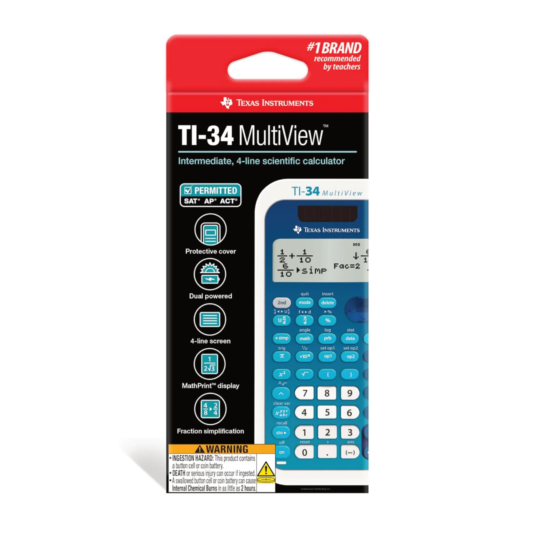 Texas Instruments TI-34 MultiView scientific calculator in retail packaging, Underwood Distributing Co.