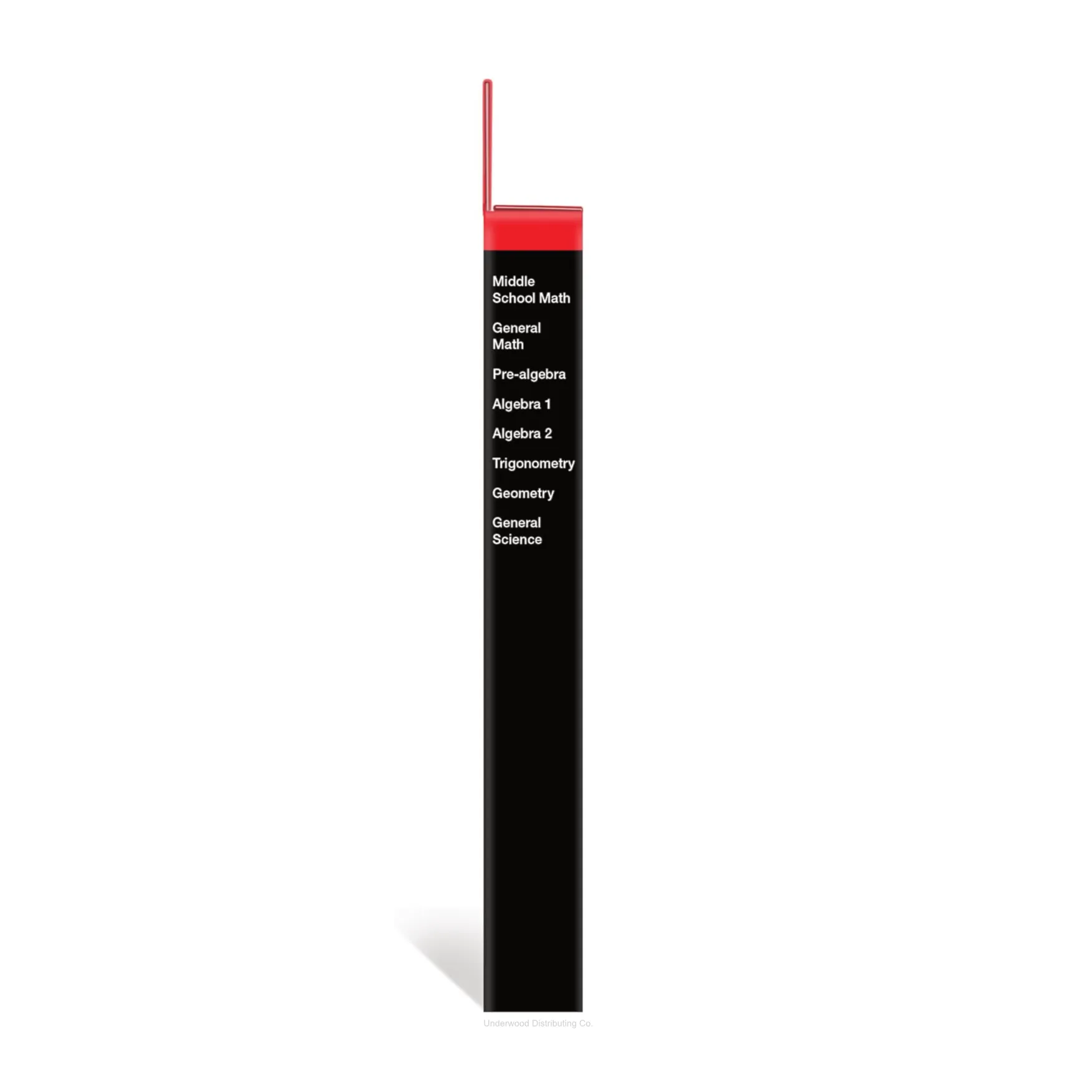 Side profile of TI-34 MultiView scientific calculator packaging, subjects listed for math and science, sold by Underwood Distributing Co.