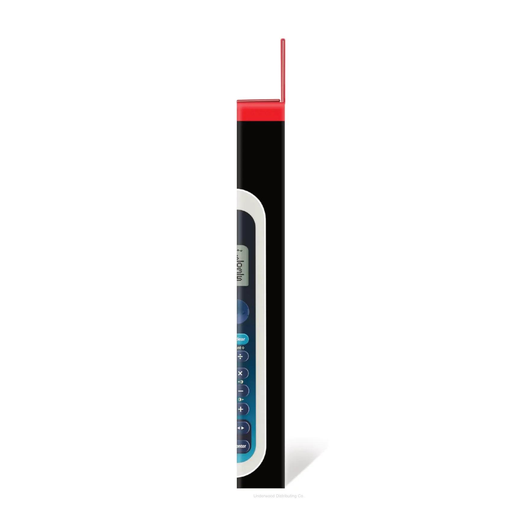Side view of TI-34 MultiView scientific calculator with red cover, Underwood Distributing Co.