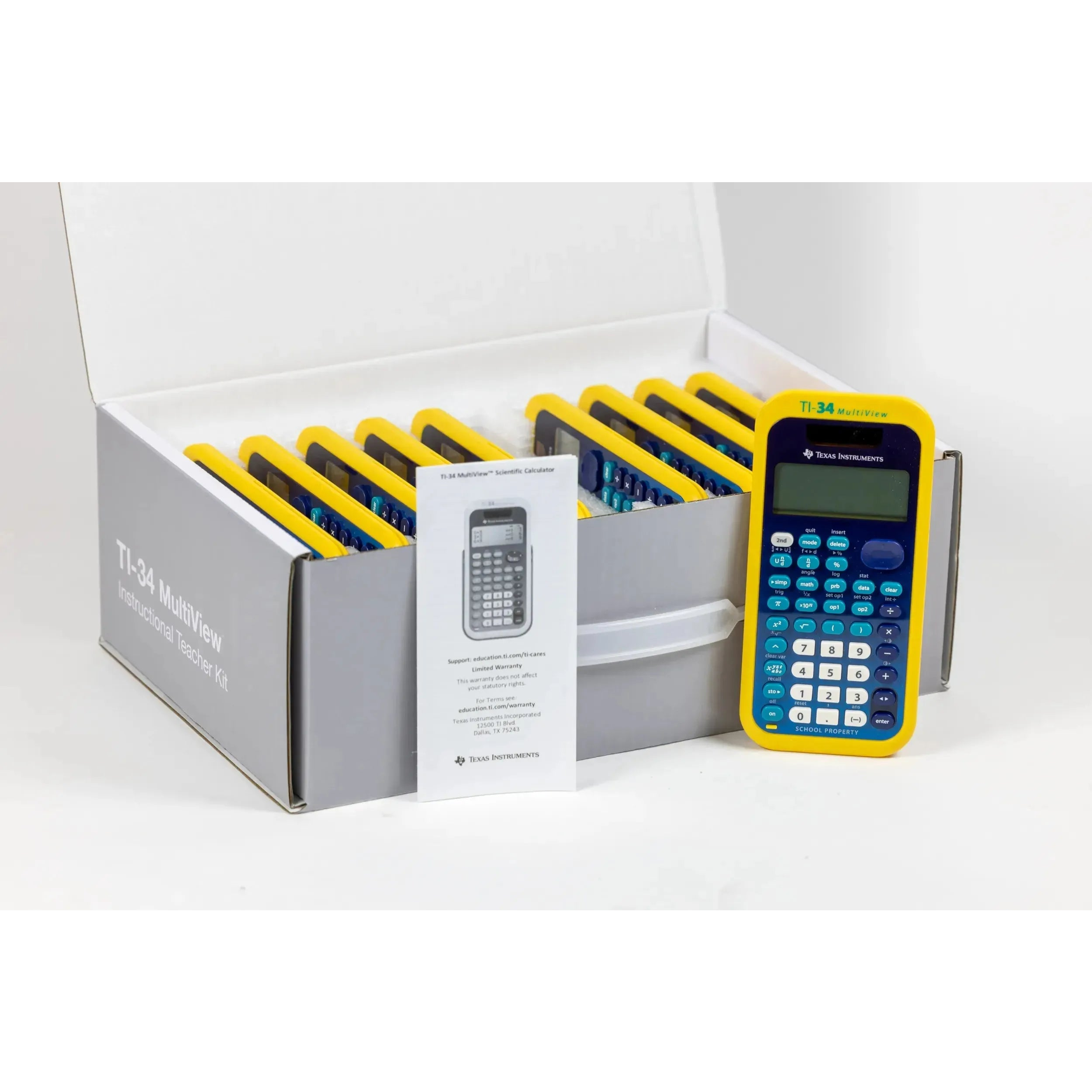 TI-34 MultiView yellow scientific calculators 10-pack in teacher kit box, Texas Instruments