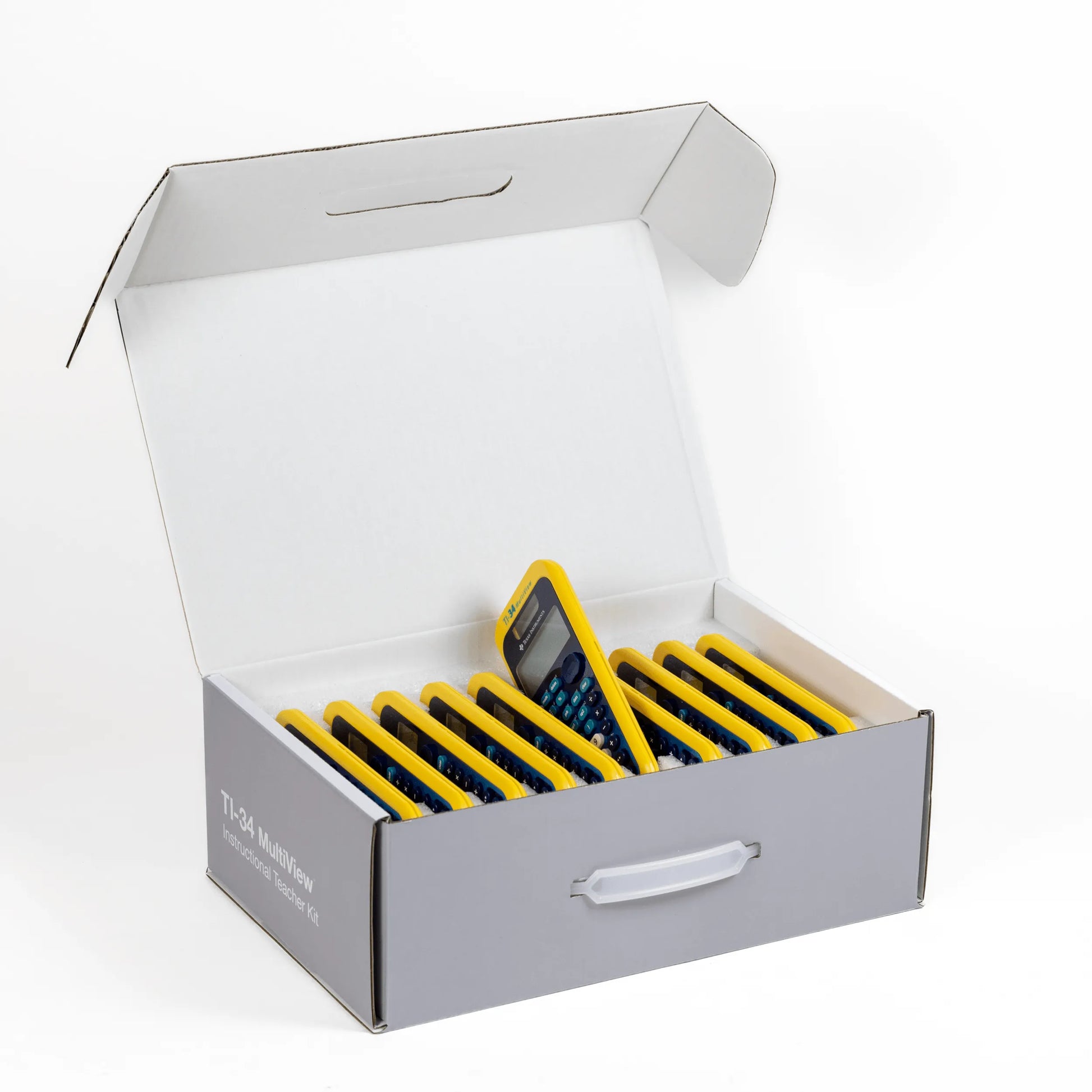 Box of 10 TI-34 MultiView yellow calculators for classroom from Underwood Distributing Co.