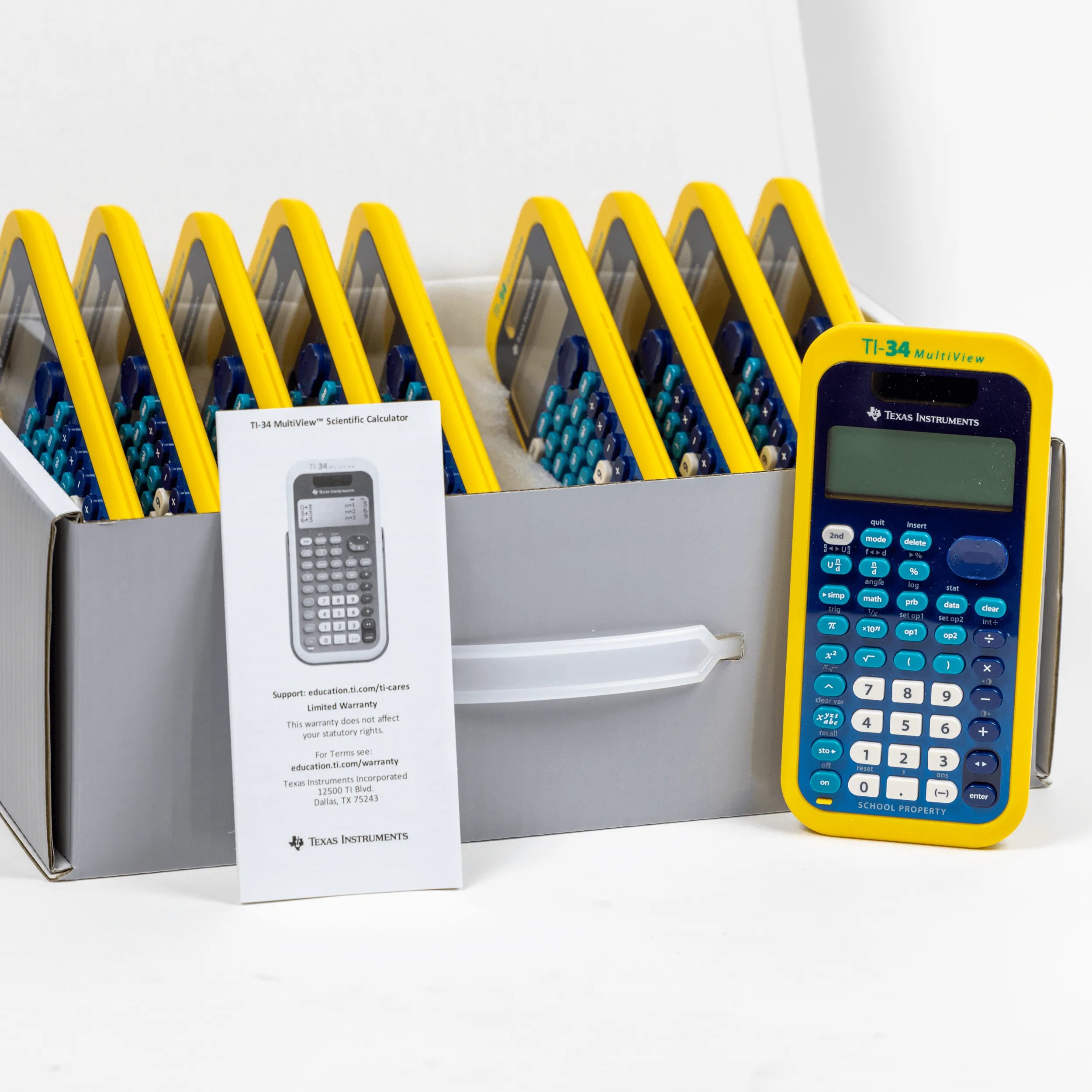 Texas Instruments TI-34 MultiView Teacher Pack of 10 yellow scientific calculators in storage box from Underwood Distributing Co.
