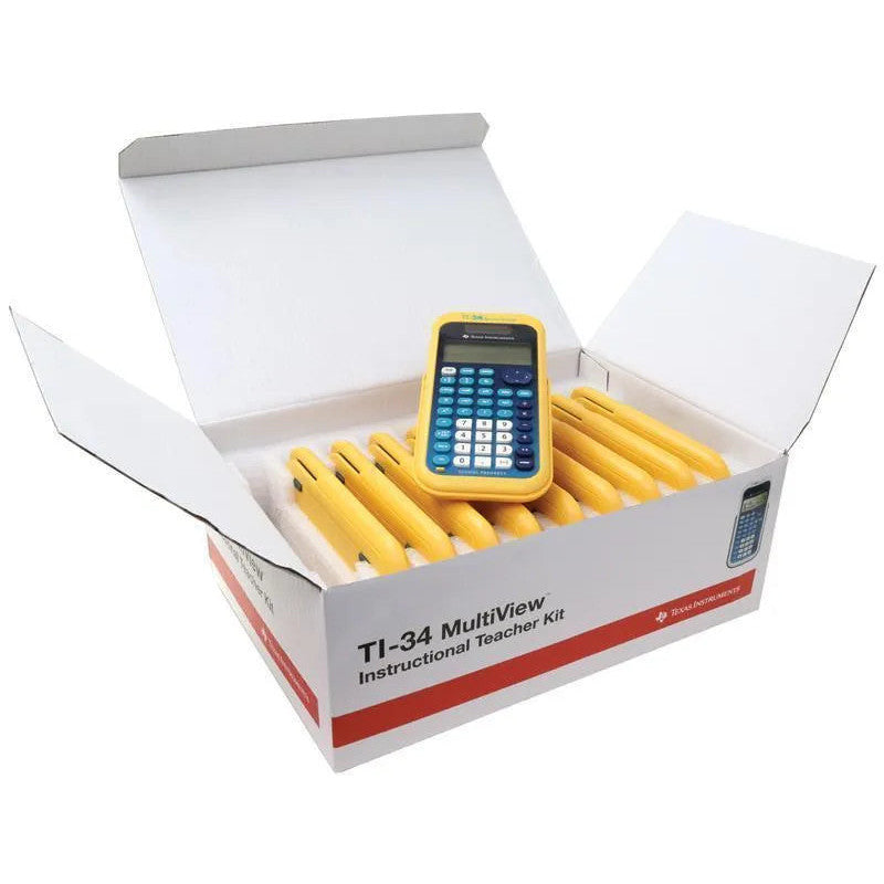 Box of 10 yellow TI-34 MultiView calculators from Underwood Distributing Co., classroom pack