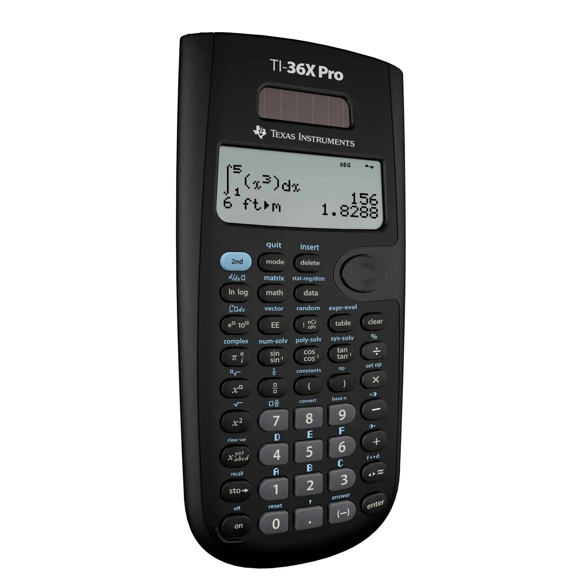 Texas Instruments TI-36X Pro scientific calculator, black, shown close-up, Underwood Distributing