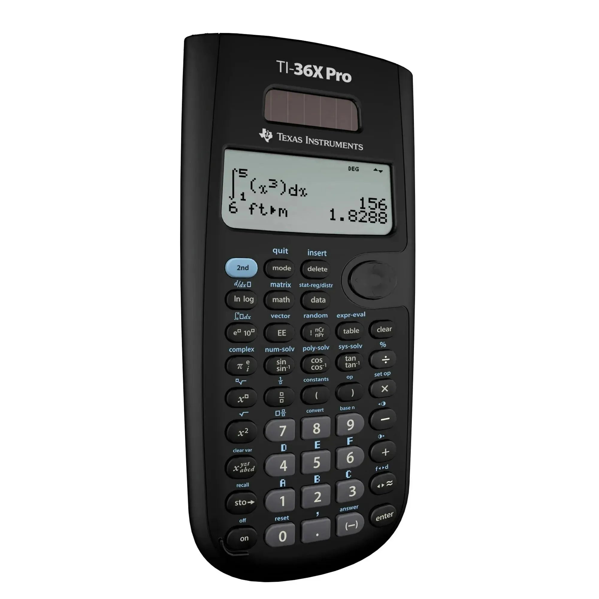Texas Instruments TI-36X Pro scientific calculator, black, shown close-up, Underwood Distributing
