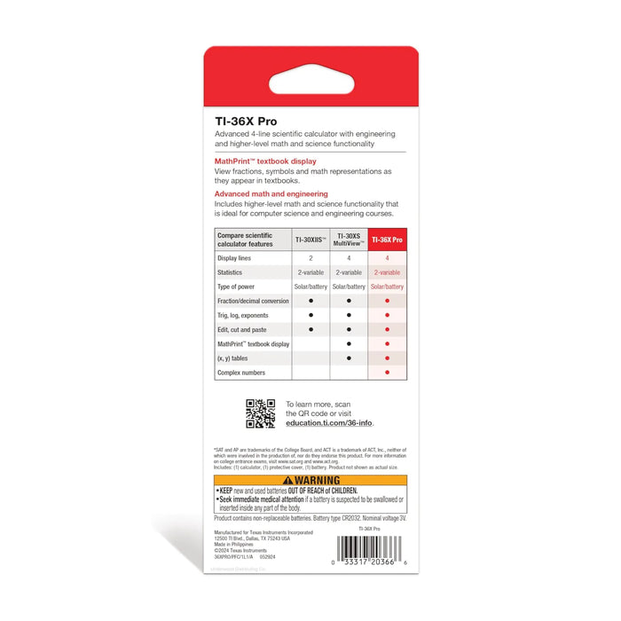 Back packaging of Texas Instruments TI-36X Pro scientific calculator with feature comparison, branded by Underwood Distributing Co.