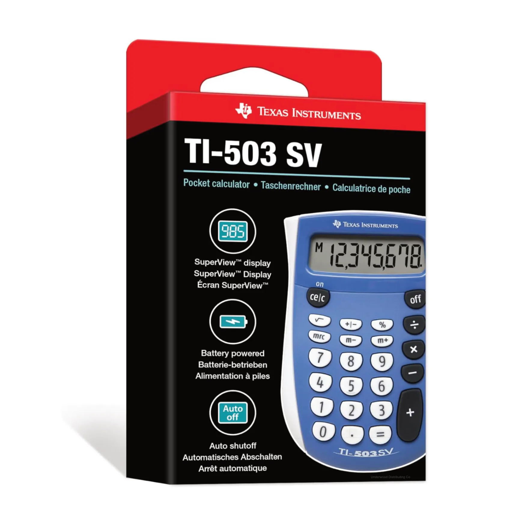 Texas Instruments TI-503 SV basic pocket calculator in retail packaging, sold by Underwood Distributing Co.