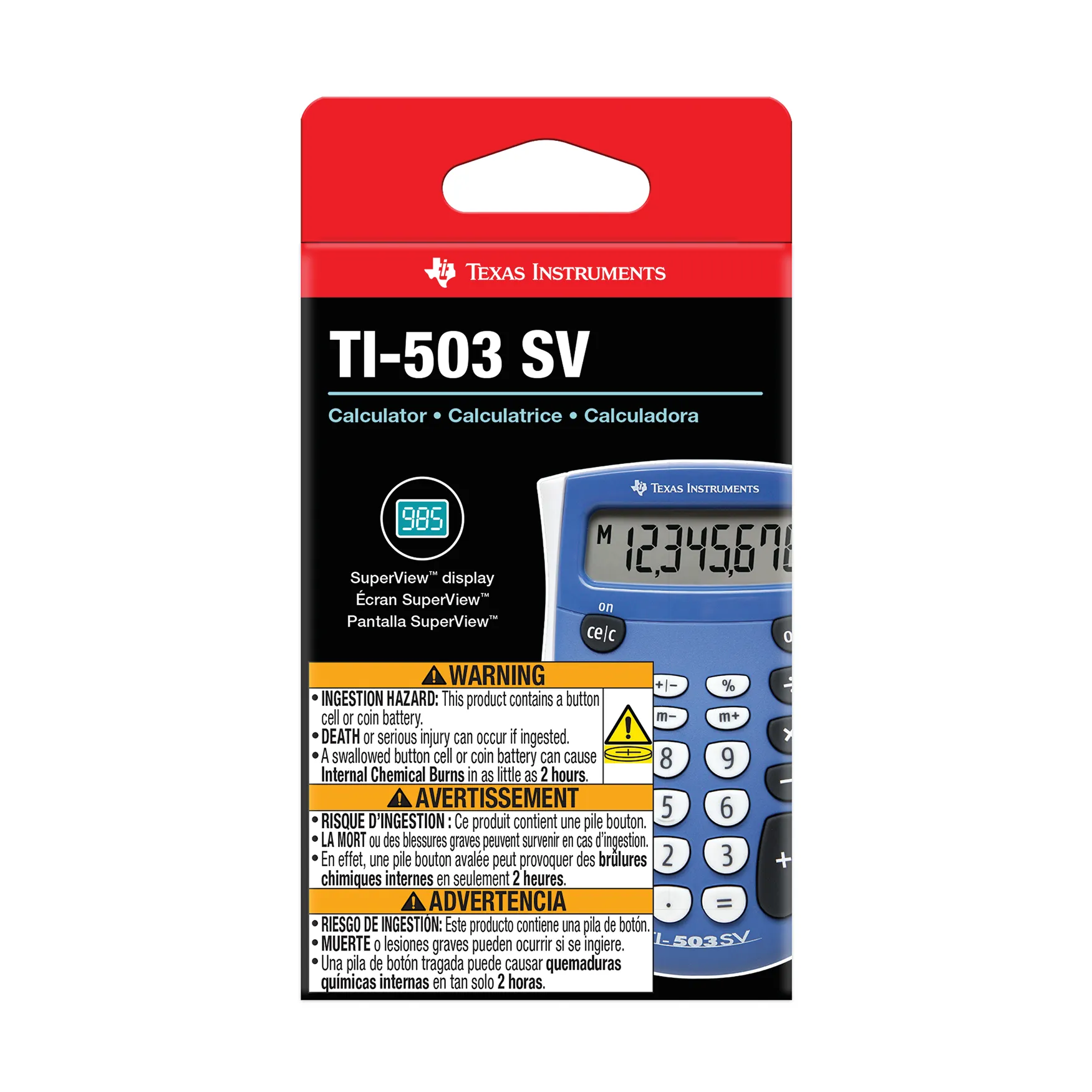 Texas Instruments TI-503 SV basic calculator retail packaging from Underwood Distributing Co.