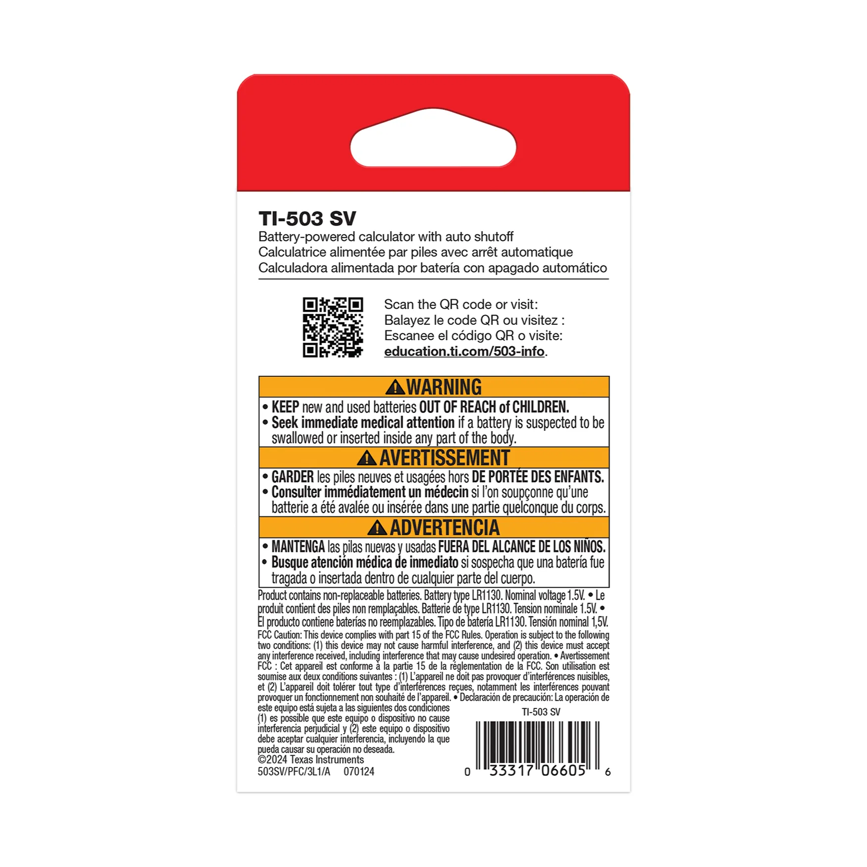 Back packaging of TI-503 SV basic calculator showing warnings, QR code, and Underwood Distributing Co. barcode