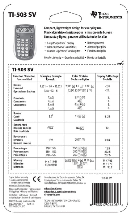 TI-503 SV Basic Calculator - Underwood Distributing Co.