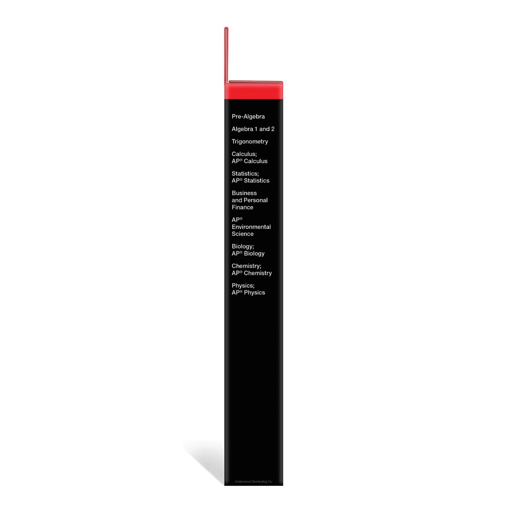 Side view of TI-83 Plus graphing calculator box showing subjects supported, Underwood Distributing Co.