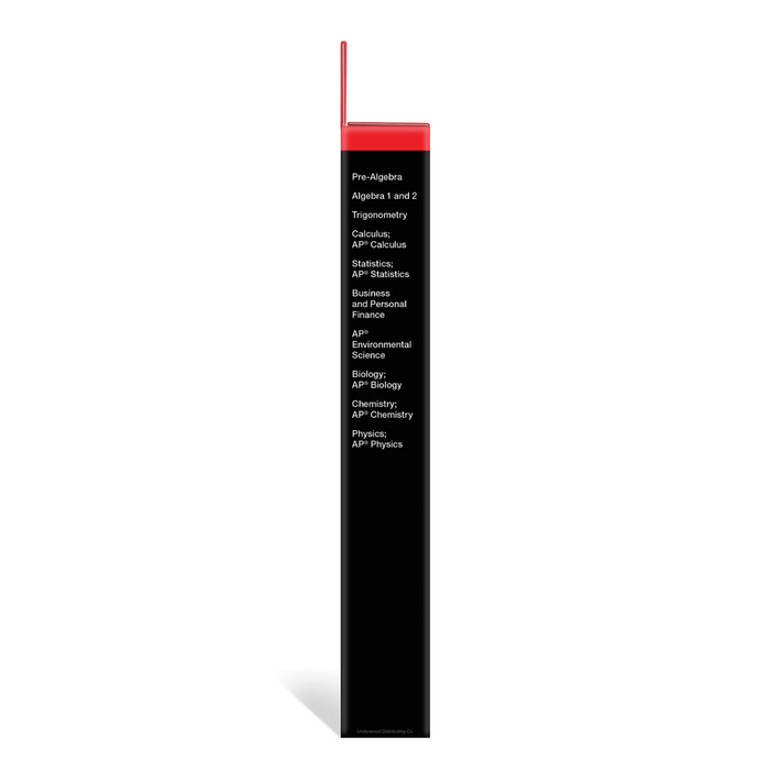 Side view of TI-83 Plus graphing calculator box showing subjects supported, Underwood Distributing Co.