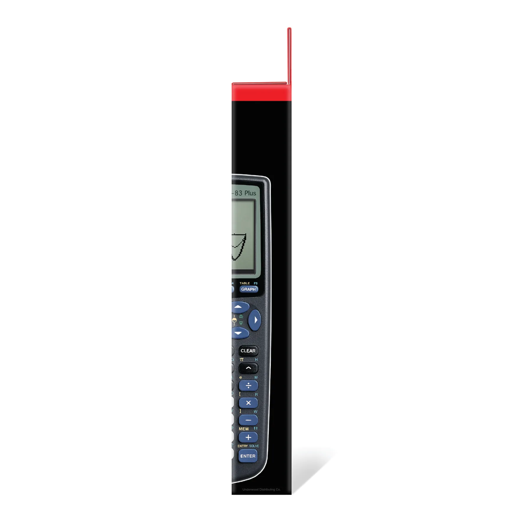 Side view of TI-83 Plus graphing calculator in retail packaging, Underwood Distributing Co.