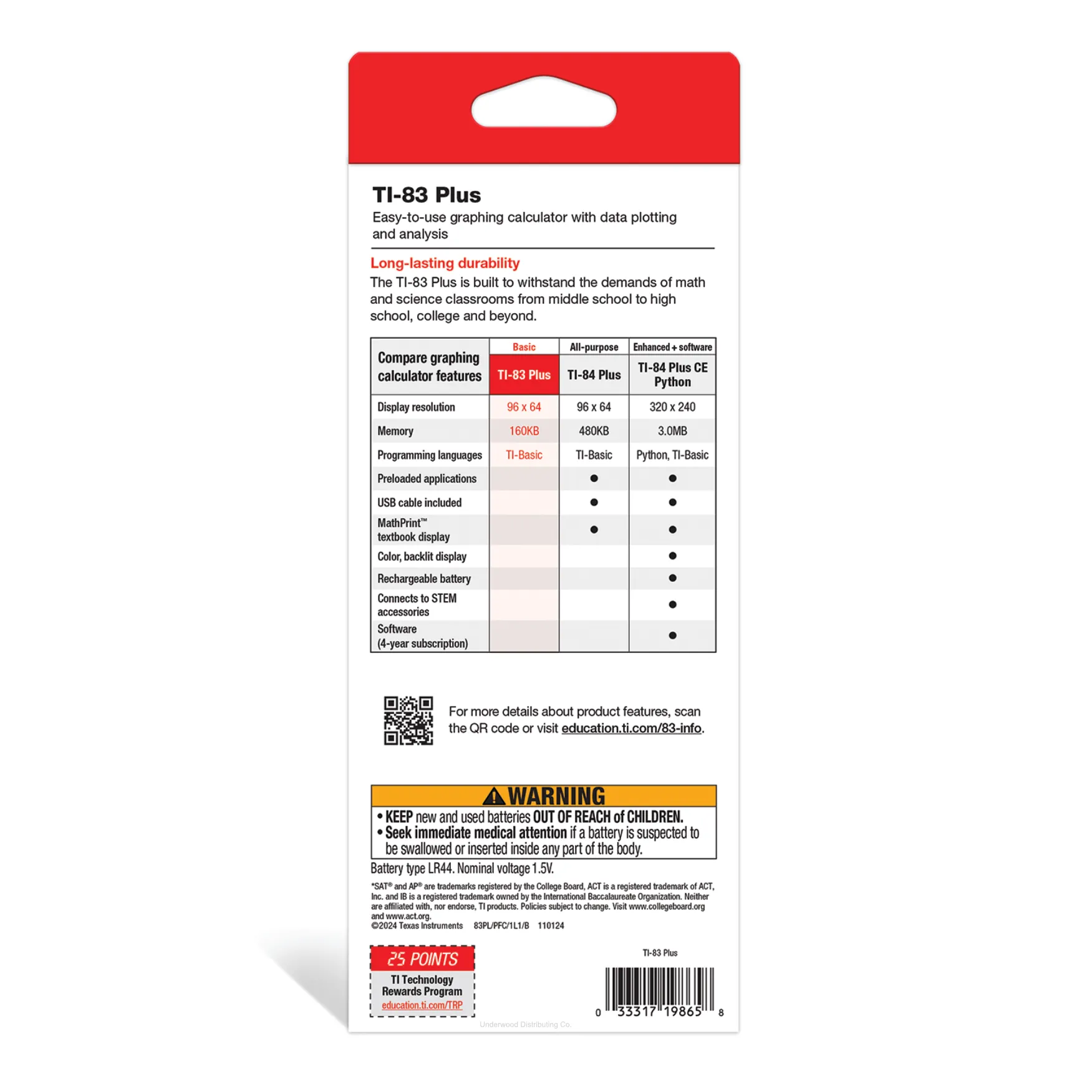 Back packaging of TI-83 Plus graphing calculator, comparison chart, Underwood Distributing Co.