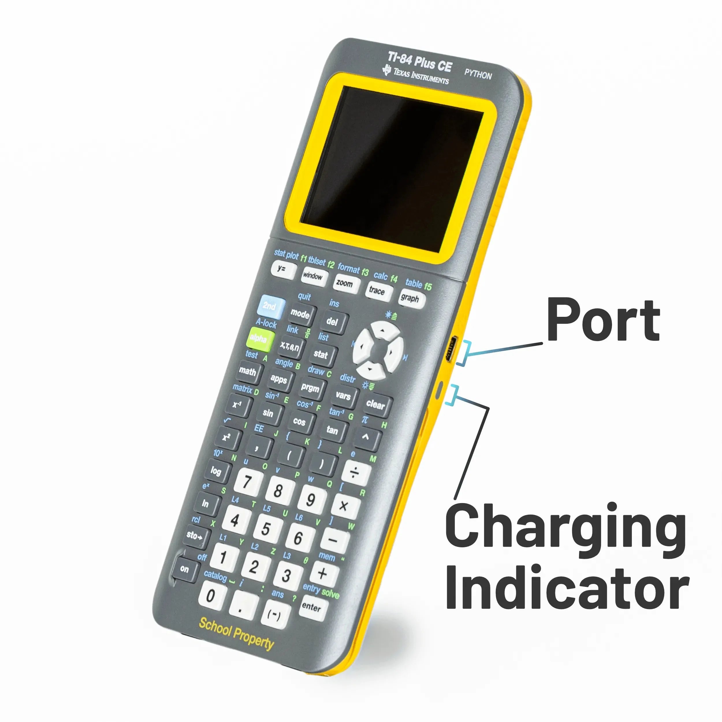 Texas Instruments TI-84 Plus CE graphing calculator with yellow accents, port and charging indicator labeled