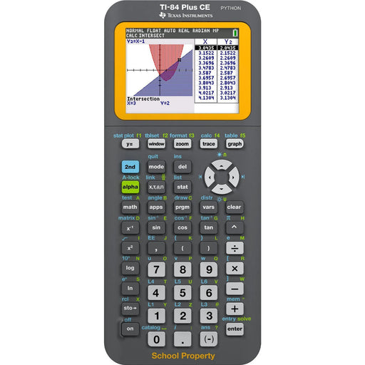 Texas Instruments TI-84 Plus CE EZ-Spot graphing calculator with colored keys and graph display