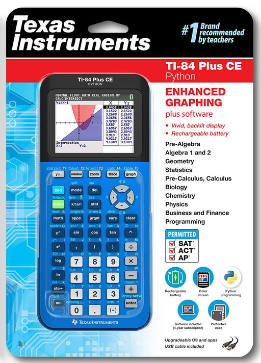 Ti-84 Plus CE Graphing Calculator - Bionic Blue (NO PYTHON) - Underwood Distributing Co.