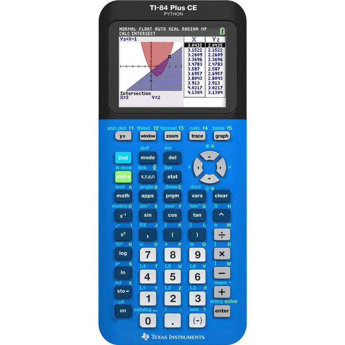Texas Instruments TI-84 Plus CE Bionic Blue graphing calculator with color graph display, sold by Underwood Distributing Co.