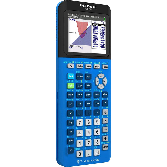 Texas Instruments TI-84 Plus CE Bionic Blue graphing calculator with color screen, sold by Underwood Distributing Co.
